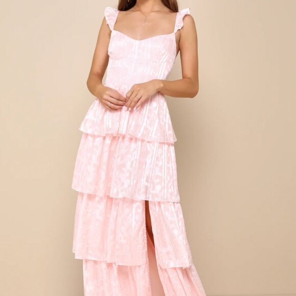 Stunning Glory Light Pink Floral Jacquard Tiered Maxi Dress - Picture 1 of 3